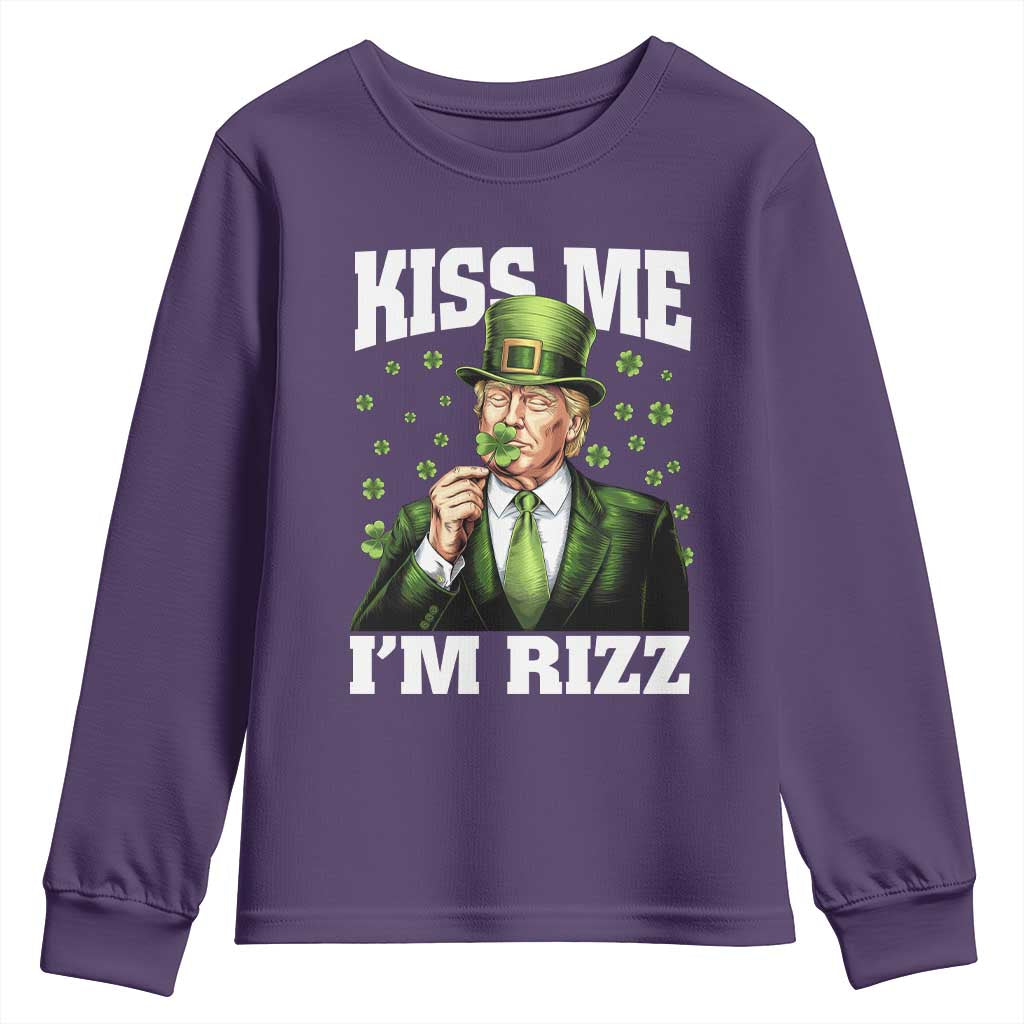 Funny St Patrick's Day Trump Youth Sweatshirt Kiss Me I'm Rizz TS02 Purple Print Your Wear