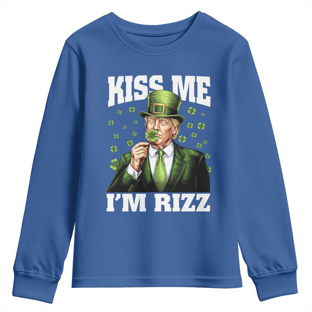 Funny St Patrick's Day Trump Youth Sweatshirt Kiss Me I'm Rizz TS02 Royal Blue Print Your Wear