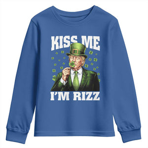 Funny St Patrick's Day Trump Youth Sweatshirt Kiss Me I'm Rizz TS02 Royal Blue Print Your Wear