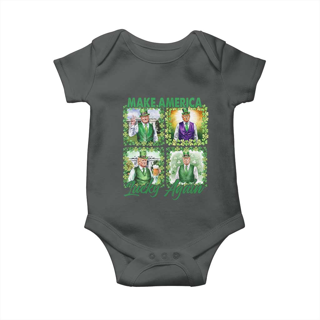 Funny St Patrick's Day Trump Baby Onesie Make America Lucky Again Shamrock Retro TS02 Dark Heather Print Your Wear