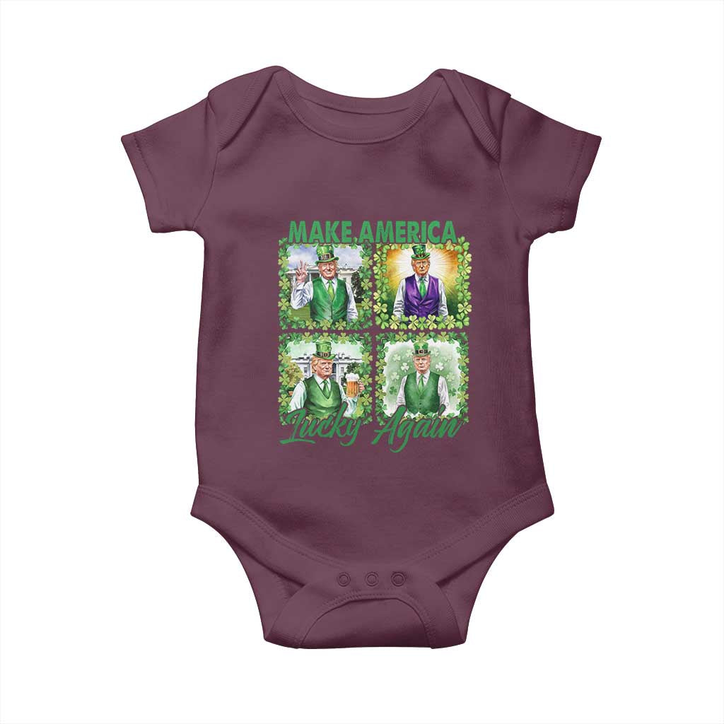 Funny St Patrick's Day Trump Baby Onesie Make America Lucky Again Shamrock Retro TS02 Maroon Print Your Wear