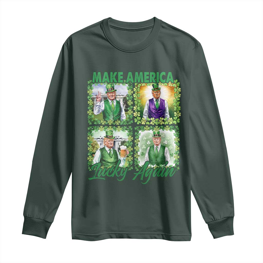 Funny St Patrick's Day Trump Long Sleeve Shirt Make America Lucky Again Shamrock Retro TS02 Dark Forest Green Print Your Wear
