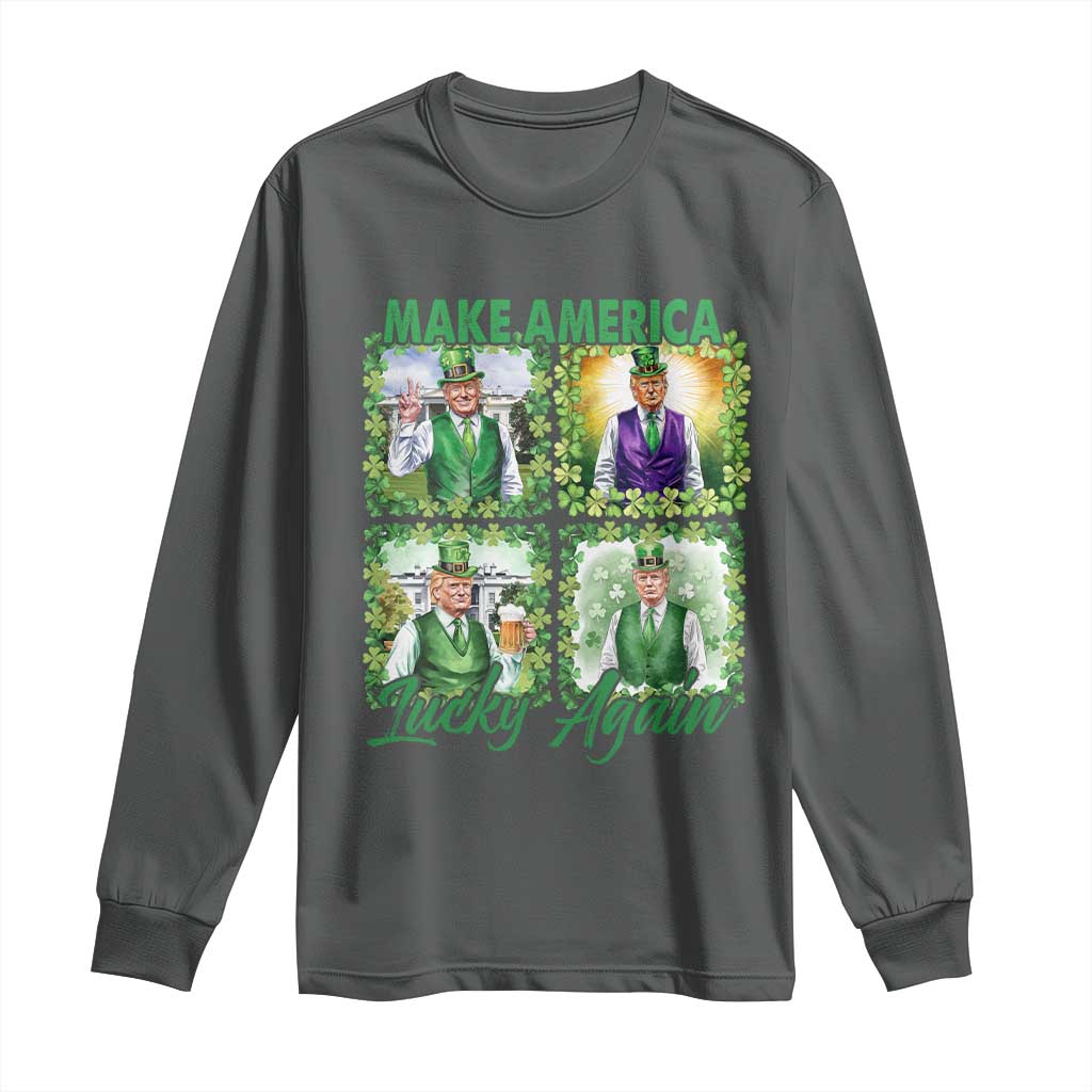 Funny St Patrick's Day Trump Long Sleeve Shirt Make America Lucky Again Shamrock Retro TS02 Dark Heather Print Your Wear