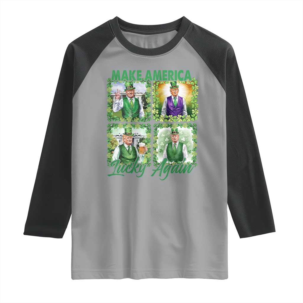 Funny St Patrick's Day Trump Raglan Shirt Make America Lucky Again Shamrock Retro TS02 Sport Gray Black Print Your Wear