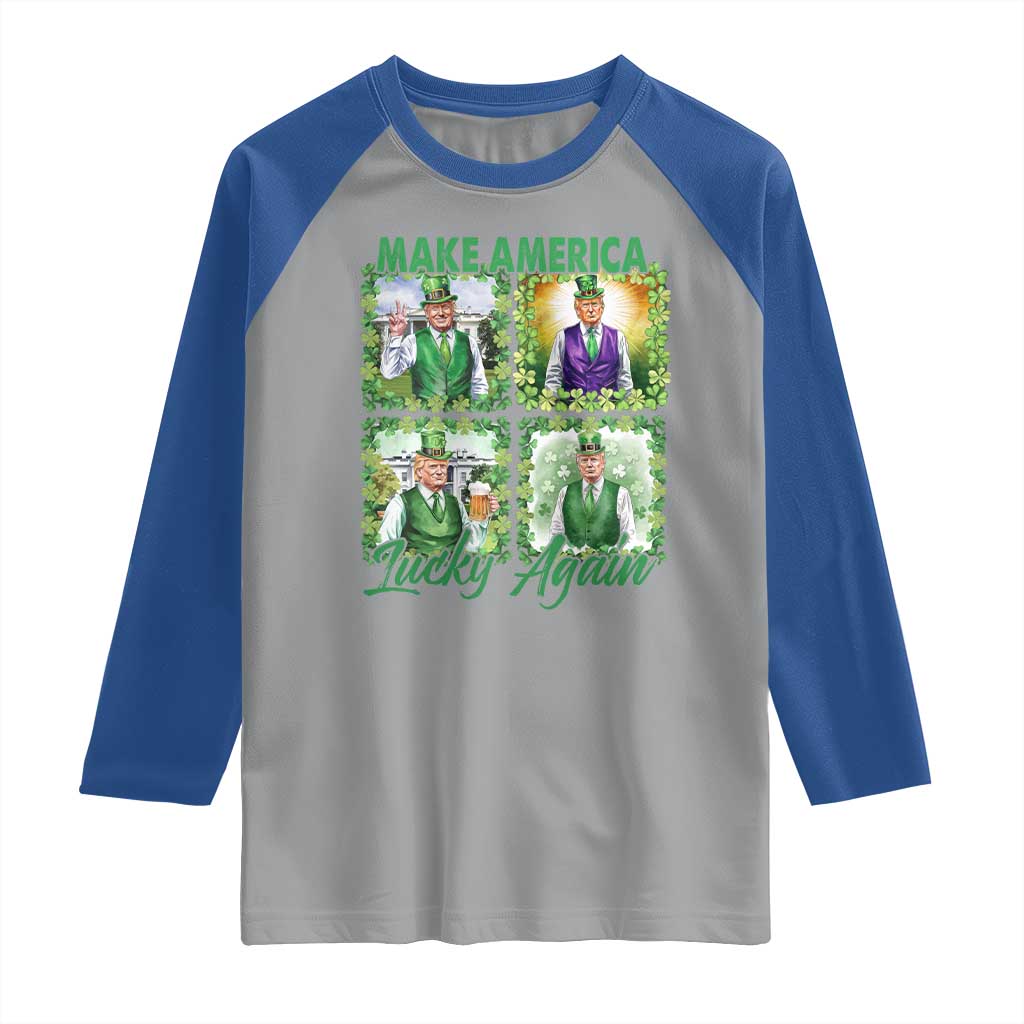Funny St Patrick's Day Trump Raglan Shirt Make America Lucky Again Shamrock Retro TS02 Sport Gray Royal Print Your Wear