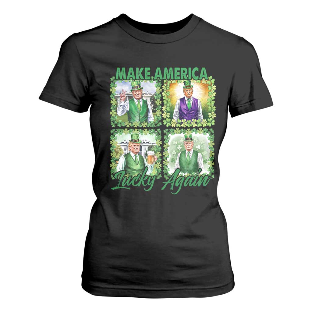 Funny St Patrick's Day Trump T Shirt For Women Make America Lucky Again Shamrock Retro TS02 Black Print Your Wear