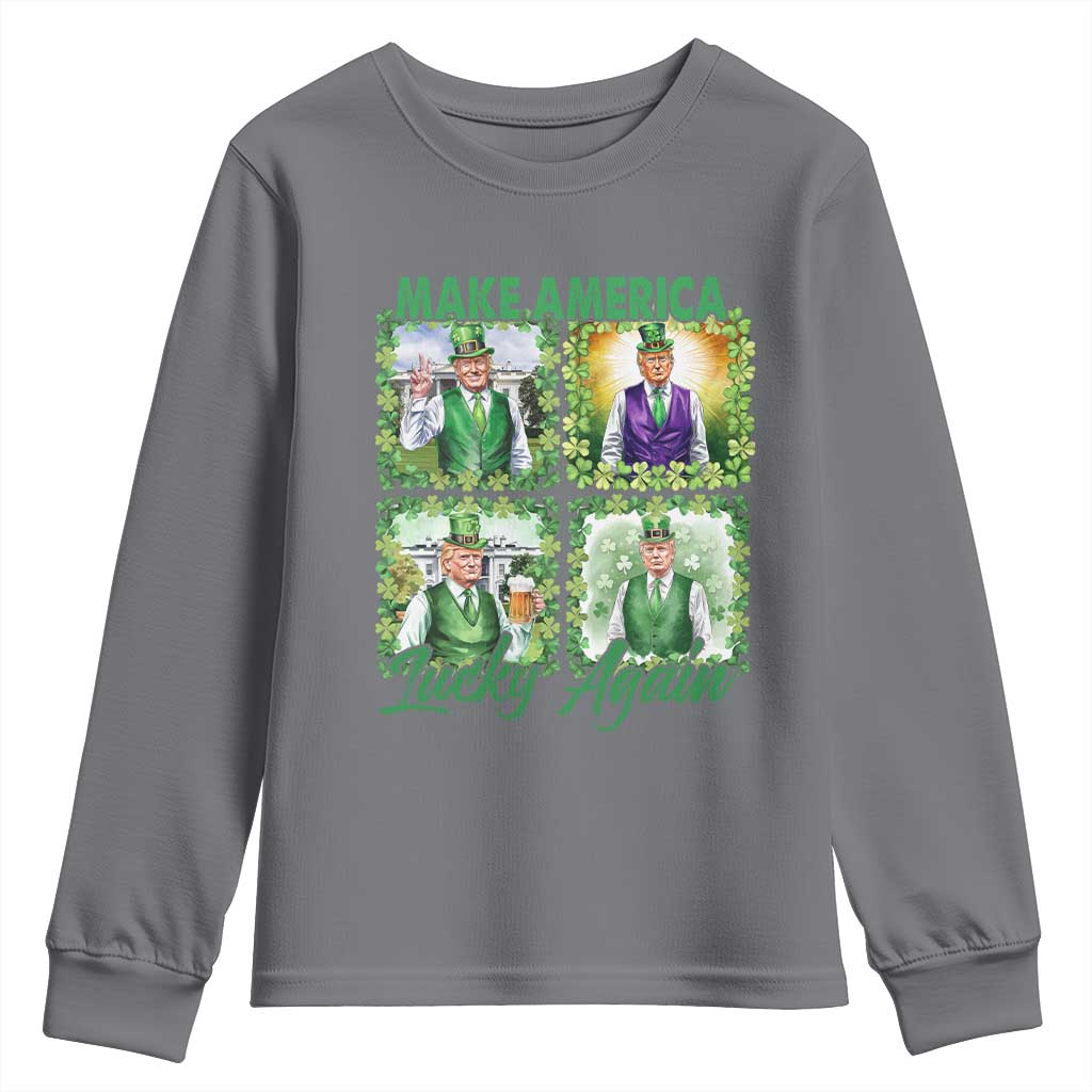 Funny St Patrick's Day Trump Youth Sweatshirt Make America Lucky Again Shamrock Retro TS02 Charcoal Print Your Wear