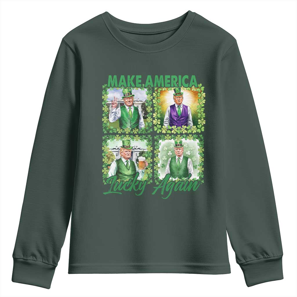 Funny St Patrick's Day Trump Youth Sweatshirt Make America Lucky Again Shamrock Retro TS02 Dark Forest Green Print Your Wear
