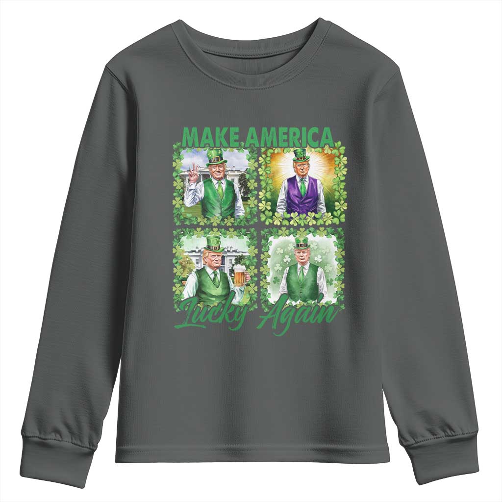 Funny St Patrick's Day Trump Youth Sweatshirt Make America Lucky Again Shamrock Retro TS02 Dark Heather Print Your Wear