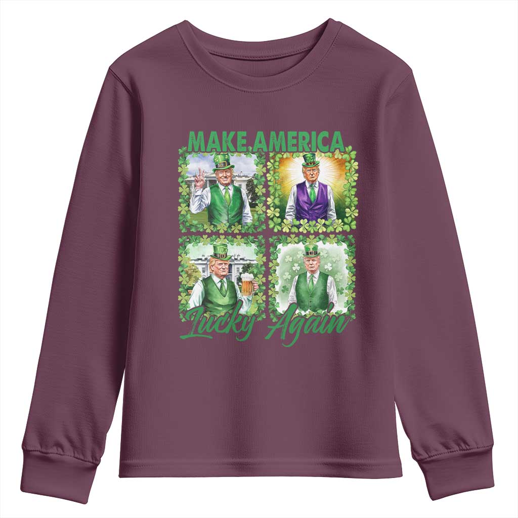 Funny St Patrick's Day Trump Youth Sweatshirt Make America Lucky Again Shamrock Retro TS02 Maroon Print Your Wear