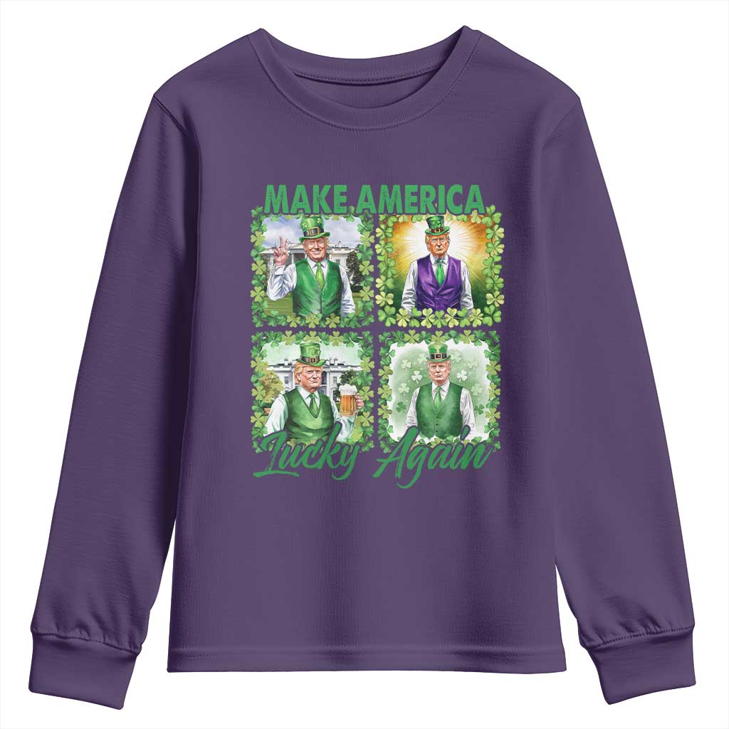 Funny St Patrick's Day Trump Youth Sweatshirt Make America Lucky Again Shamrock Retro TS02 Purple Print Your Wear