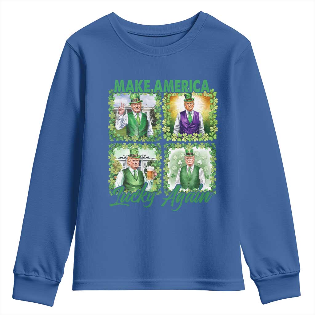 Funny St Patrick's Day Trump Youth Sweatshirt Make America Lucky Again Shamrock Retro TS02 Royal Blue Print Your Wear