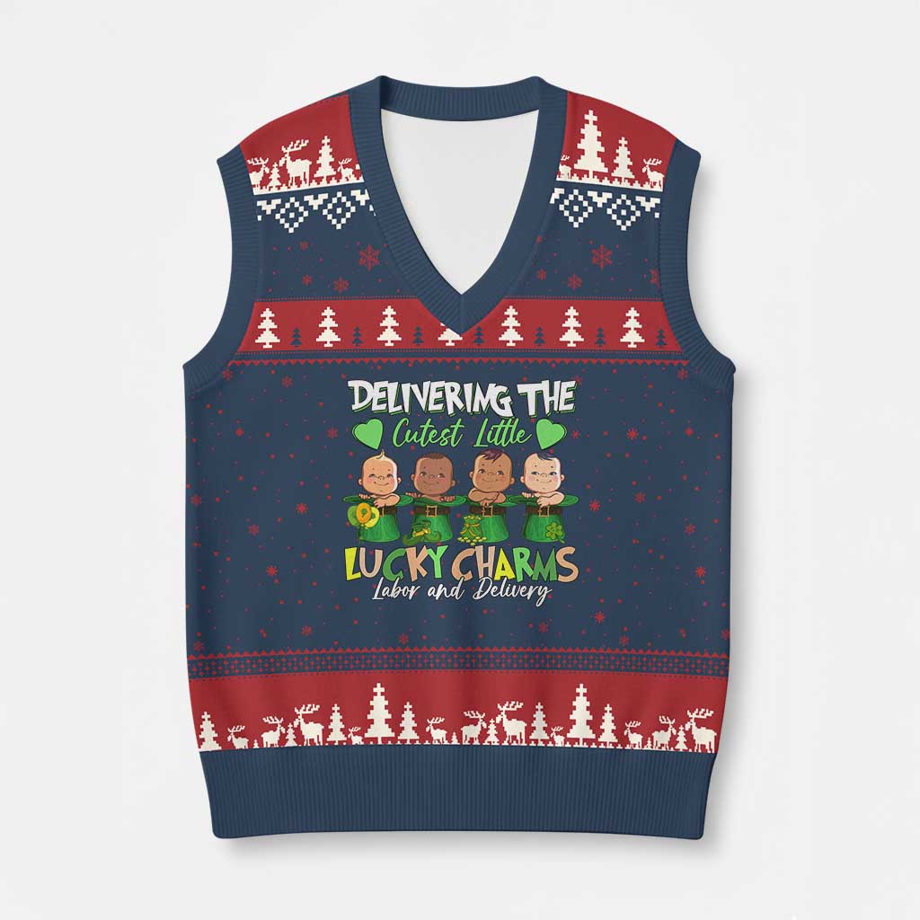 Labor and Delivery Nurse St Patrick's Day V-Neck Knit Sweater Vest Delivering The Cutest Little Lucky Charms TS02 Navy Red Print Your Wear