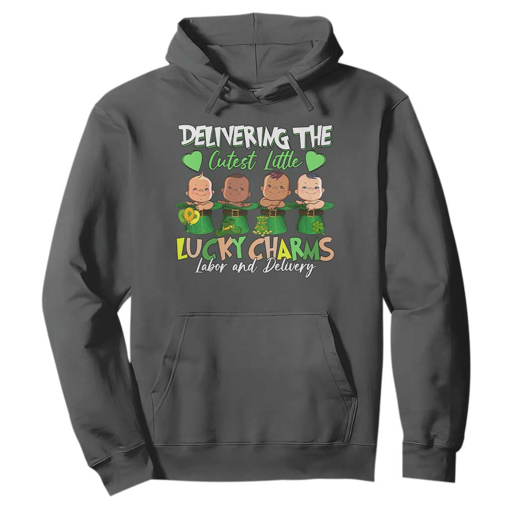 Labor and Delivery Nurse St Patrick's Day Hoodie Delivering The Cutest Little Lucky Charms TS02 Dark Heather Print Your Wear