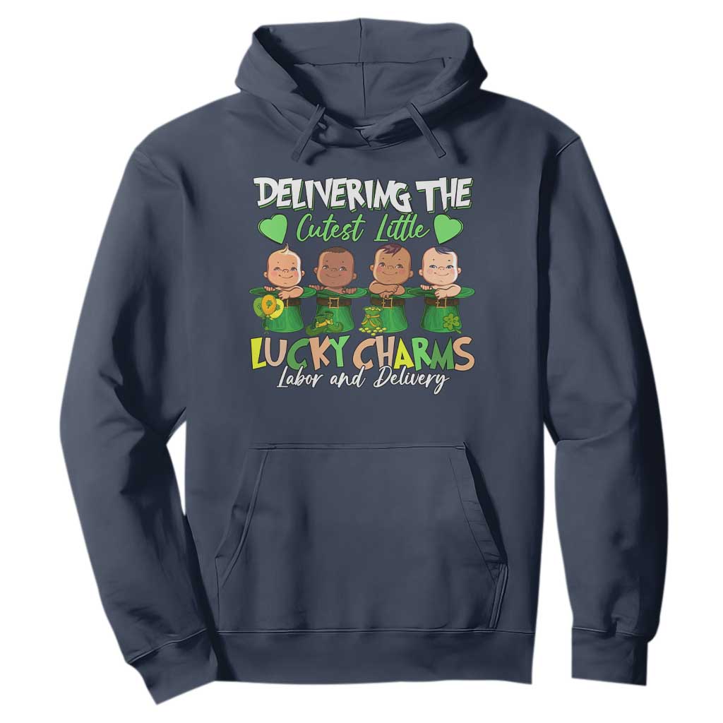 Labor and Delivery Nurse St Patrick's Day Hoodie Delivering The Cutest Little Lucky Charms TS02 Navy Print Your Wear