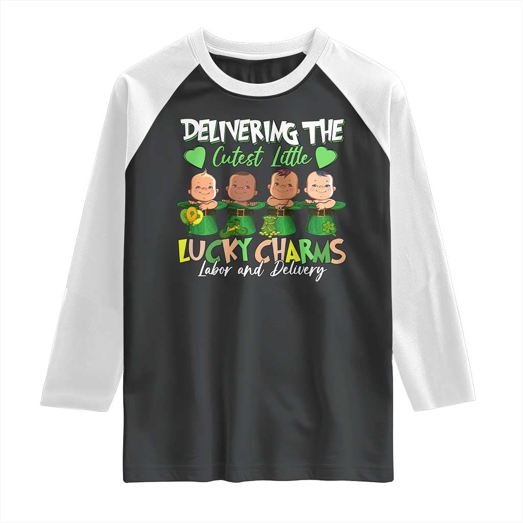Labor and Delivery Nurse St Patrick's Day Raglan Shirt Delivering The Cutest Little Lucky Charms TS02 Black White Print Your Wear