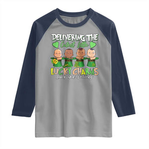 Labor and Delivery Nurse St Patrick's Day Raglan Shirt Delivering The Cutest Little Lucky Charms TS02 Sport Gray Navy Print Your Wear