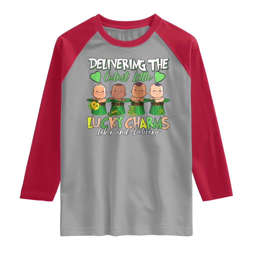 Labor and Delivery Nurse St Patrick's Day Raglan Shirt Delivering The Cutest Little Lucky Charms TS02 Sport Gray Red Print Your Wear