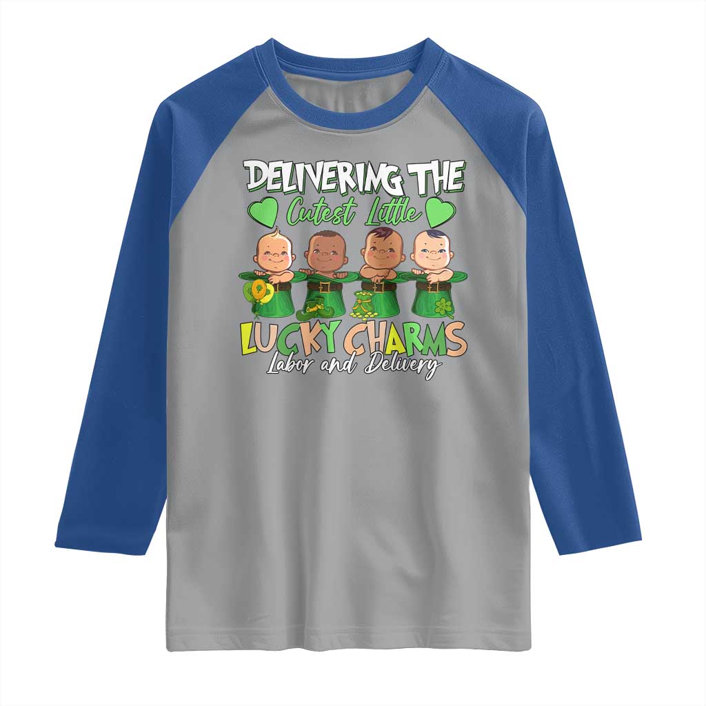 Labor and Delivery Nurse St Patrick's Day Raglan Shirt Delivering The Cutest Little Lucky Charms TS02 Sport Gray Royal Print Your Wear
