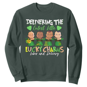 Labor and Delivery Nurse St Patrick's Day Sweatshirt Delivering The Cutest Little Lucky Charms TS02 Dark Forest Green Print Your Wear