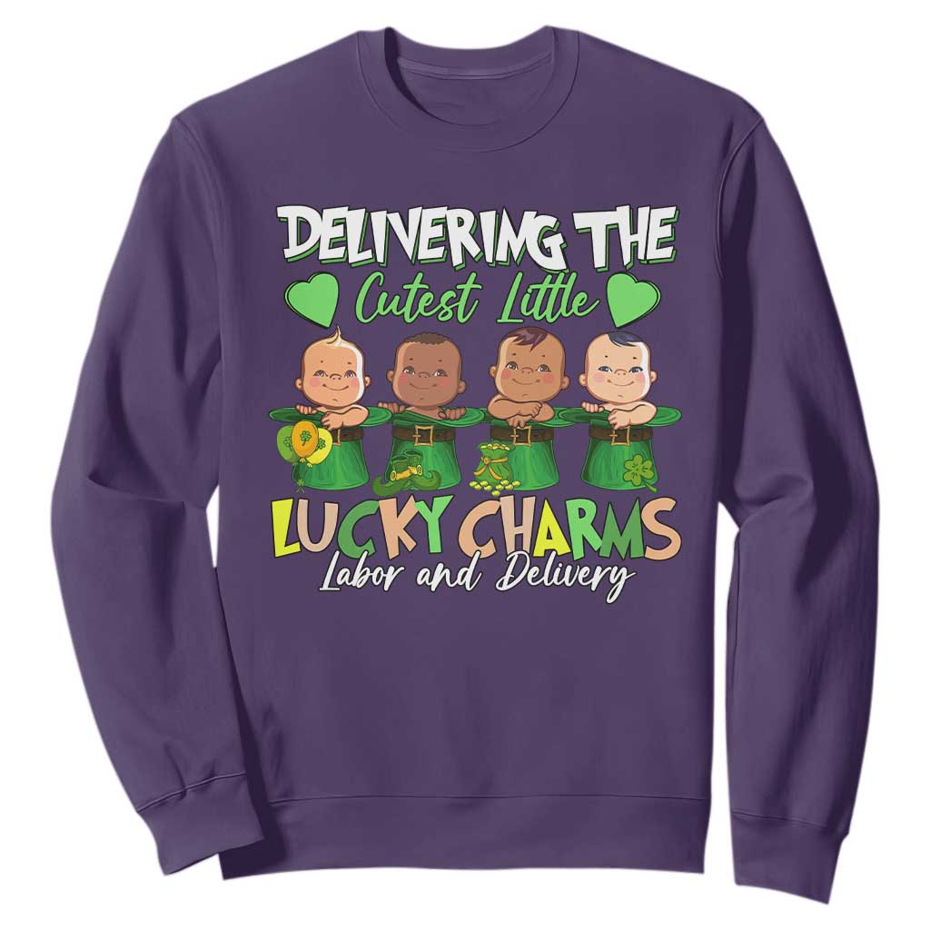 Labor and Delivery Nurse St Patrick's Day Sweatshirt Delivering The Cutest Little Lucky Charms TS02 Purple Print Your Wear