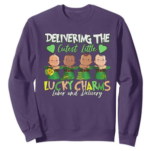 Labor and Delivery Nurse St Patrick's Day Sweatshirt Delivering The Cutest Little Lucky Charms TS02 Purple Print Your Wear