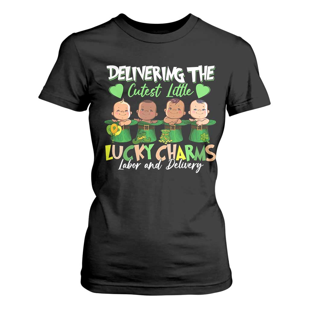 Labor and Delivery Nurse St Patrick's Day T Shirt For Women Delivering The Cutest Little Lucky Charms TS02 Black Print Your Wear