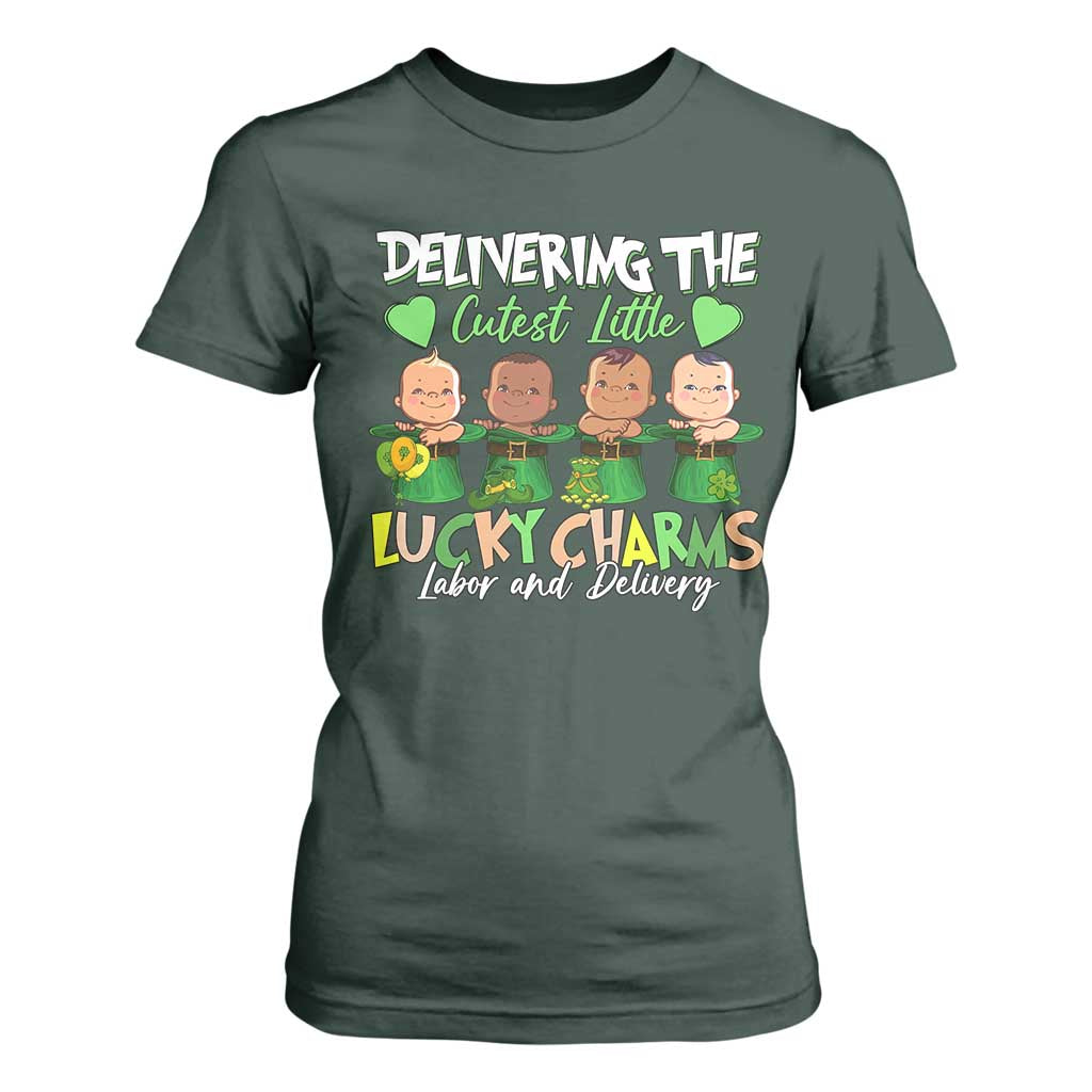 Labor and Delivery Nurse St Patrick's Day T Shirt For Women Delivering The Cutest Little Lucky Charms TS02 Dark Forest Green Print Your Wear