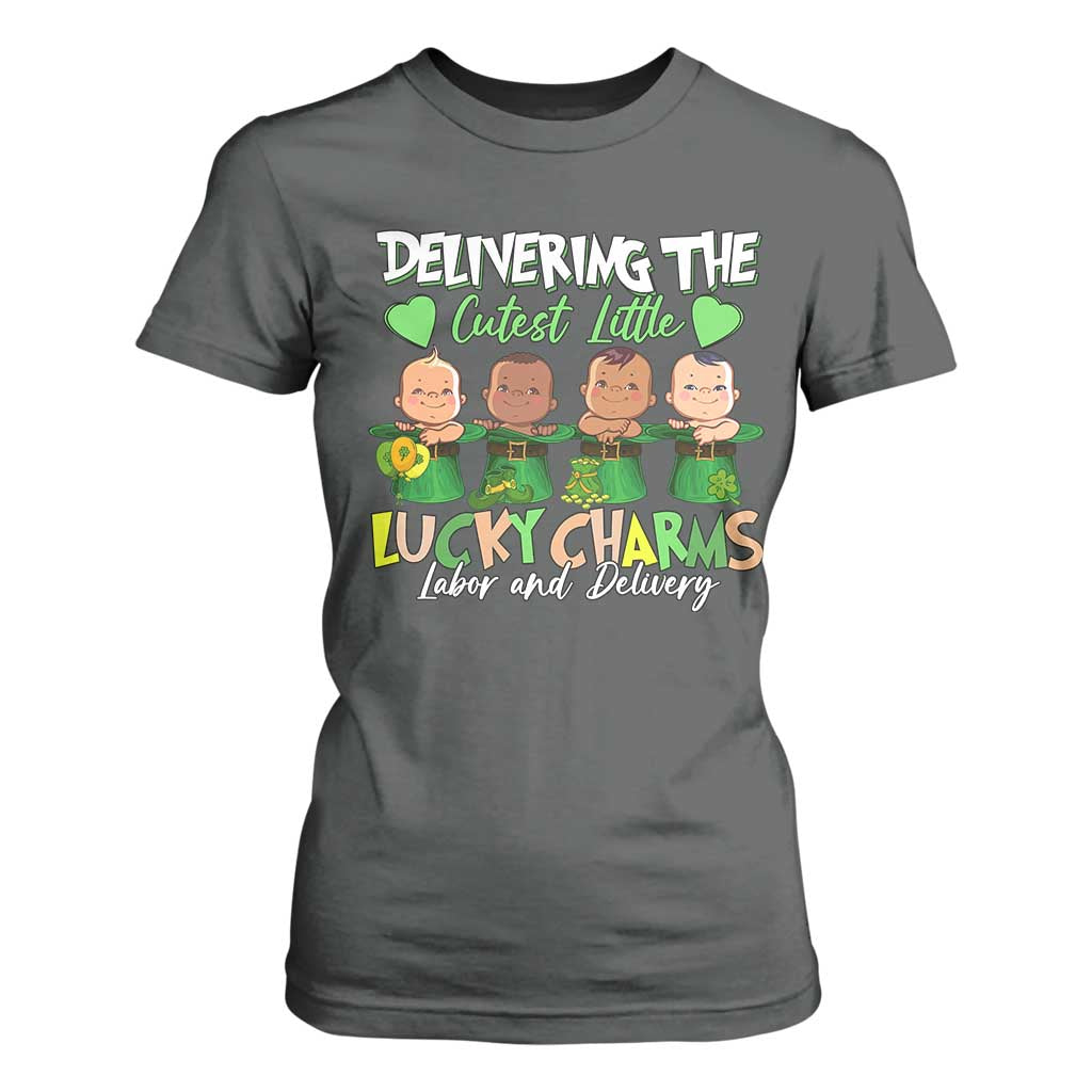 Labor and Delivery Nurse St Patrick's Day T Shirt For Women Delivering The Cutest Little Lucky Charms TS02 Dark Heather Print Your Wear