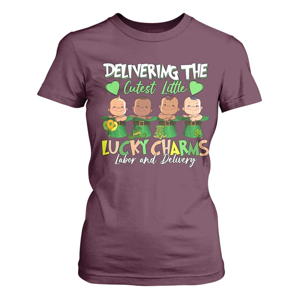 Labor and Delivery Nurse St Patrick's Day T Shirt For Women Delivering The Cutest Little Lucky Charms TS02 Maroon Print Your Wear