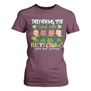 Labor and Delivery Nurse St Patrick's Day T Shirt For Women Delivering The Cutest Little Lucky Charms TS02 Maroon Print Your Wear