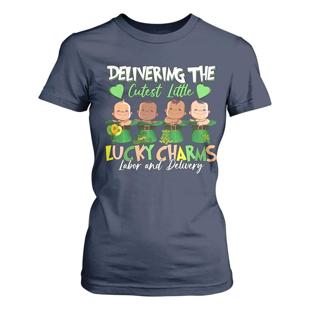 Labor and Delivery Nurse St Patrick's Day T Shirt For Women Delivering The Cutest Little Lucky Charms TS02 Navy Print Your Wear