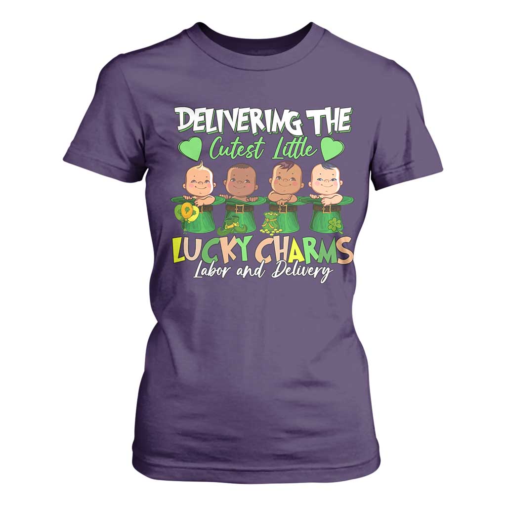 Labor and Delivery Nurse St Patrick's Day T Shirt For Women Delivering The Cutest Little Lucky Charms TS02 Purple Print Your Wear