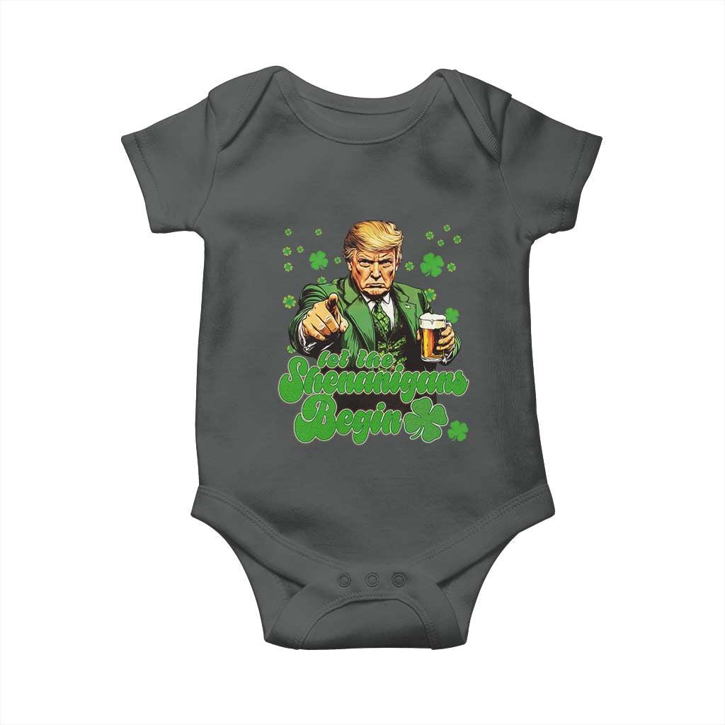 Funny St Patrick's Day Trump Baby Onesie Let The Shenanigans Begin TS02 Dark Heather Print Your Wear