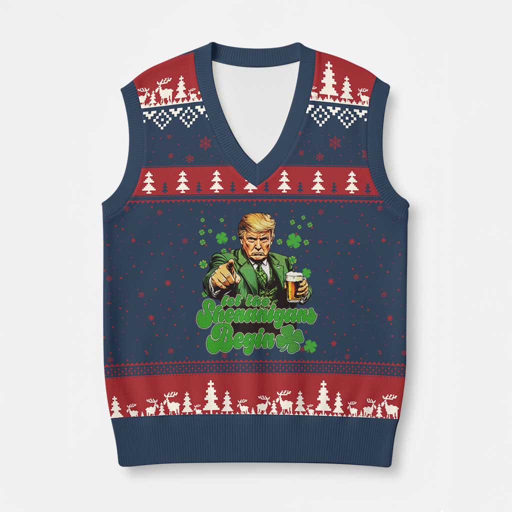 Funny St Patrick's Day Trump V-Neck Knit Sweater Vest Let The Shenanigans Begin TS02 Navy Red Print Your Wear