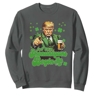 Funny St Patrick's Day Trump Sweatshirt Let The Shenanigans Begin TS02 Dark Heather Print Your Wear