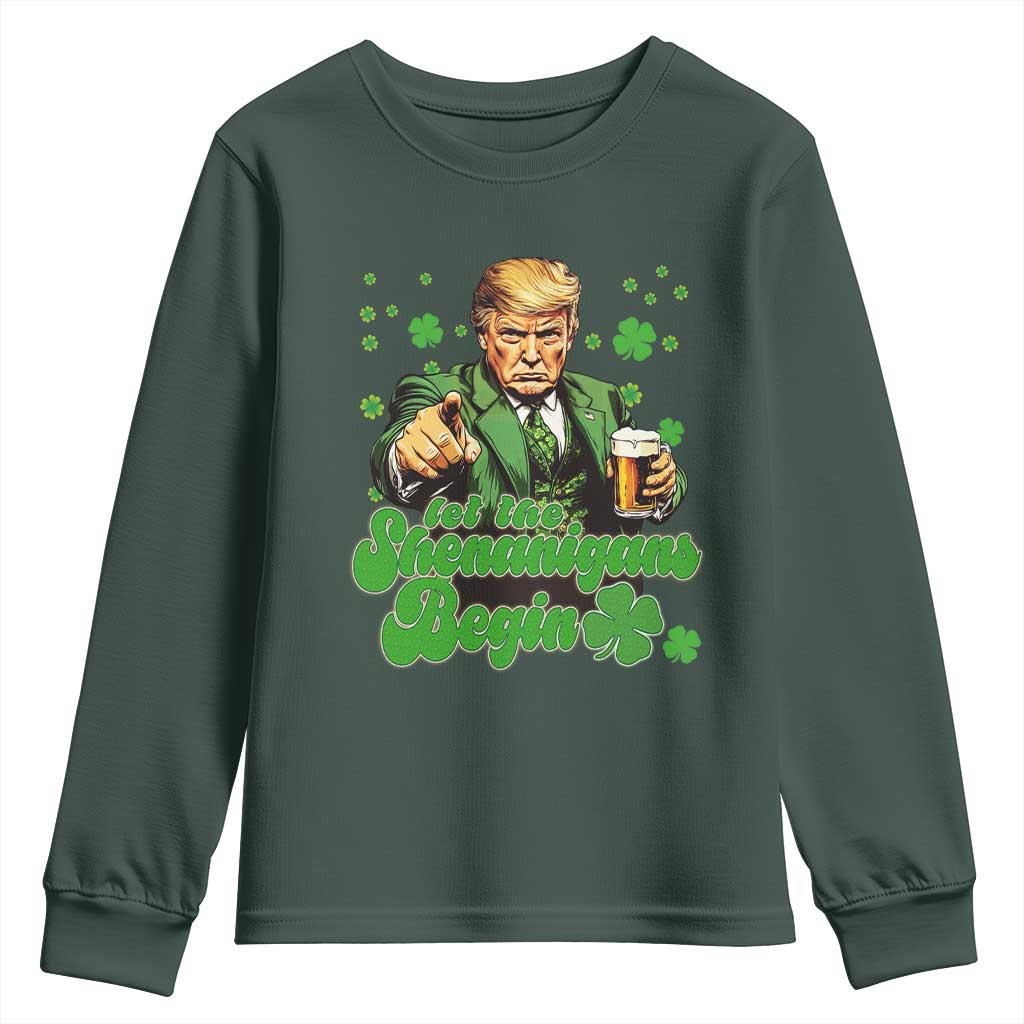 Funny St Patrick's Day Trump Youth Sweatshirt Let The Shenanigans Begin TS02 Dark Forest Green Print Your Wear