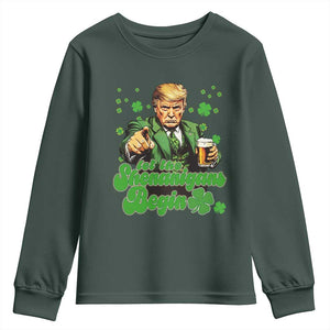 Funny St Patrick's Day Trump Youth Sweatshirt Let The Shenanigans Begin TS02 Dark Forest Green Print Your Wear