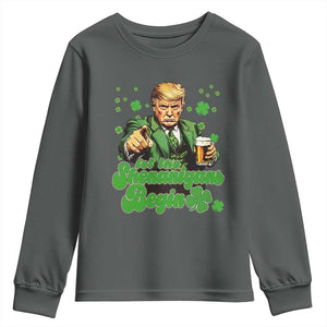 Funny St Patrick's Day Trump Youth Sweatshirt Let The Shenanigans Begin TS02 Dark Heather Print Your Wear