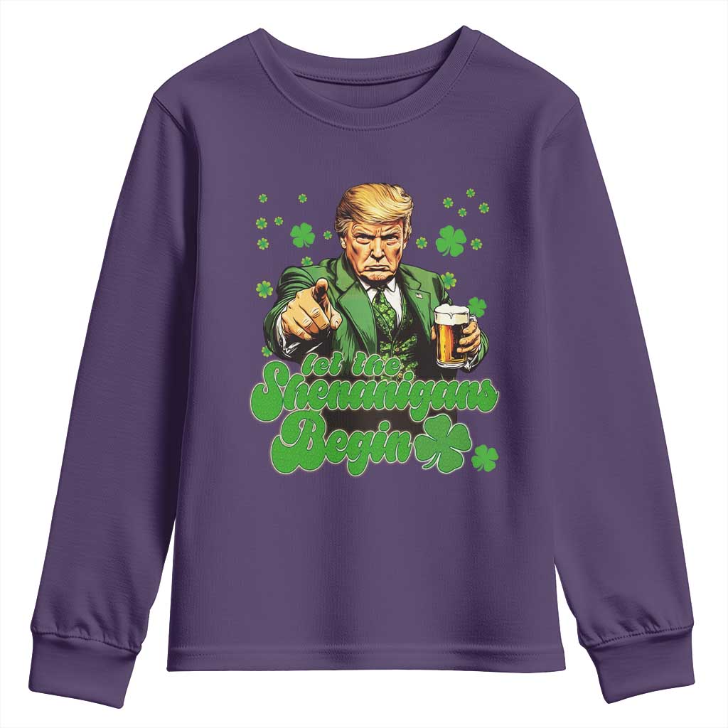 Funny St Patrick's Day Trump Youth Sweatshirt Let The Shenanigans Begin TS02 Purple Print Your Wear