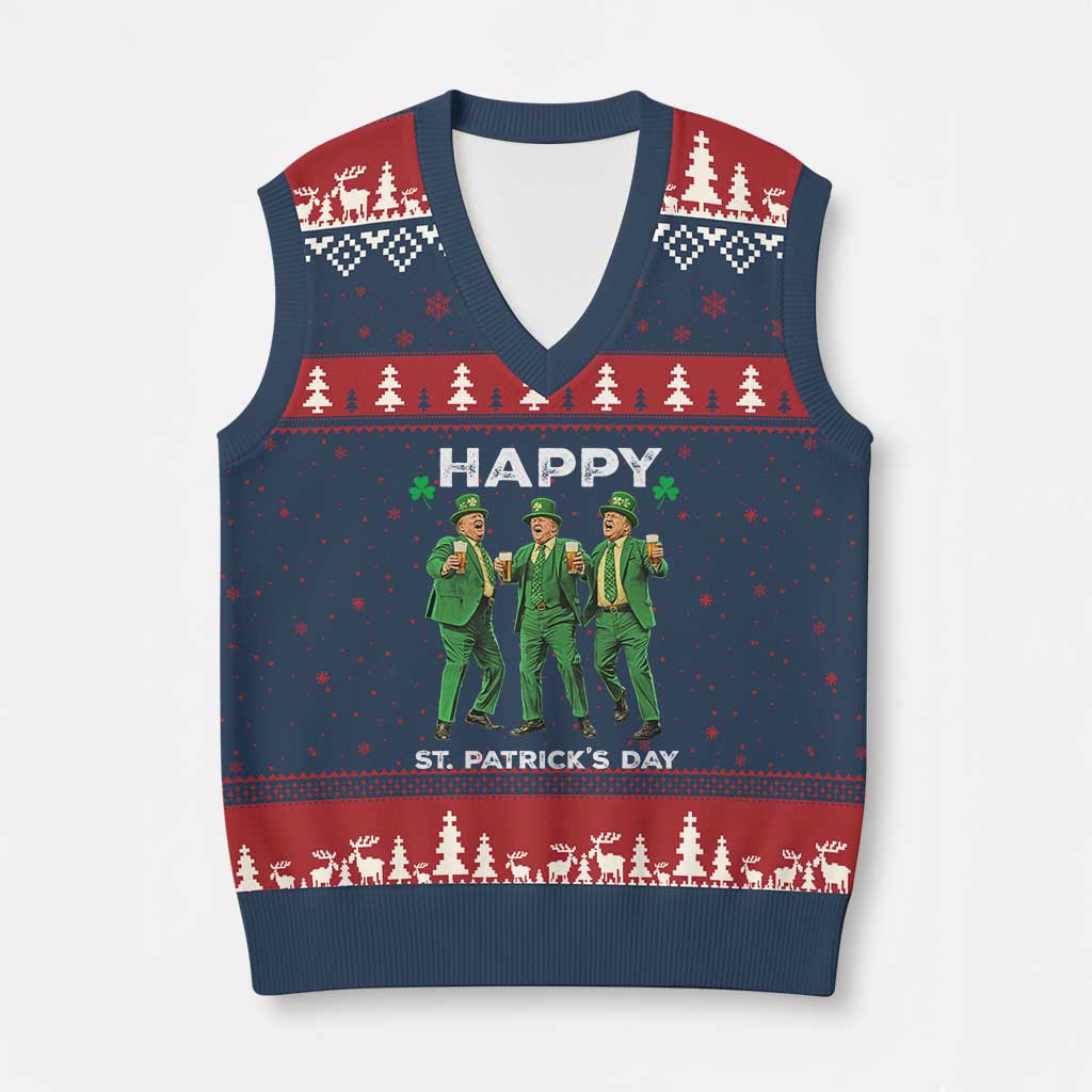 Funny St Patrick's Day Trump V-Neck Knit Sweater Vest Dancing Saint Patrick TS02 Navy Red Print Your Wear