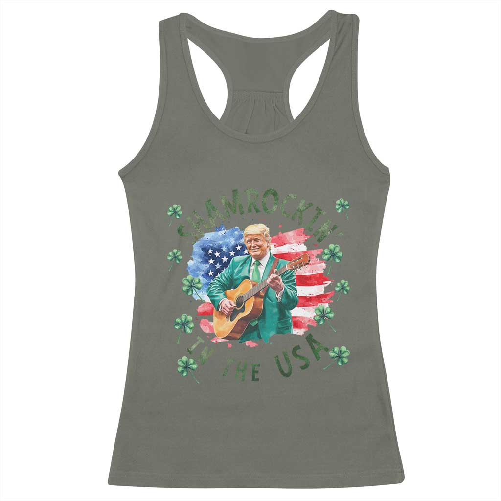 Funny St Patrick's Day Trump Racerback Tank Top Shamrockin in The USA Funny TS02 Military Green Print Your Wear