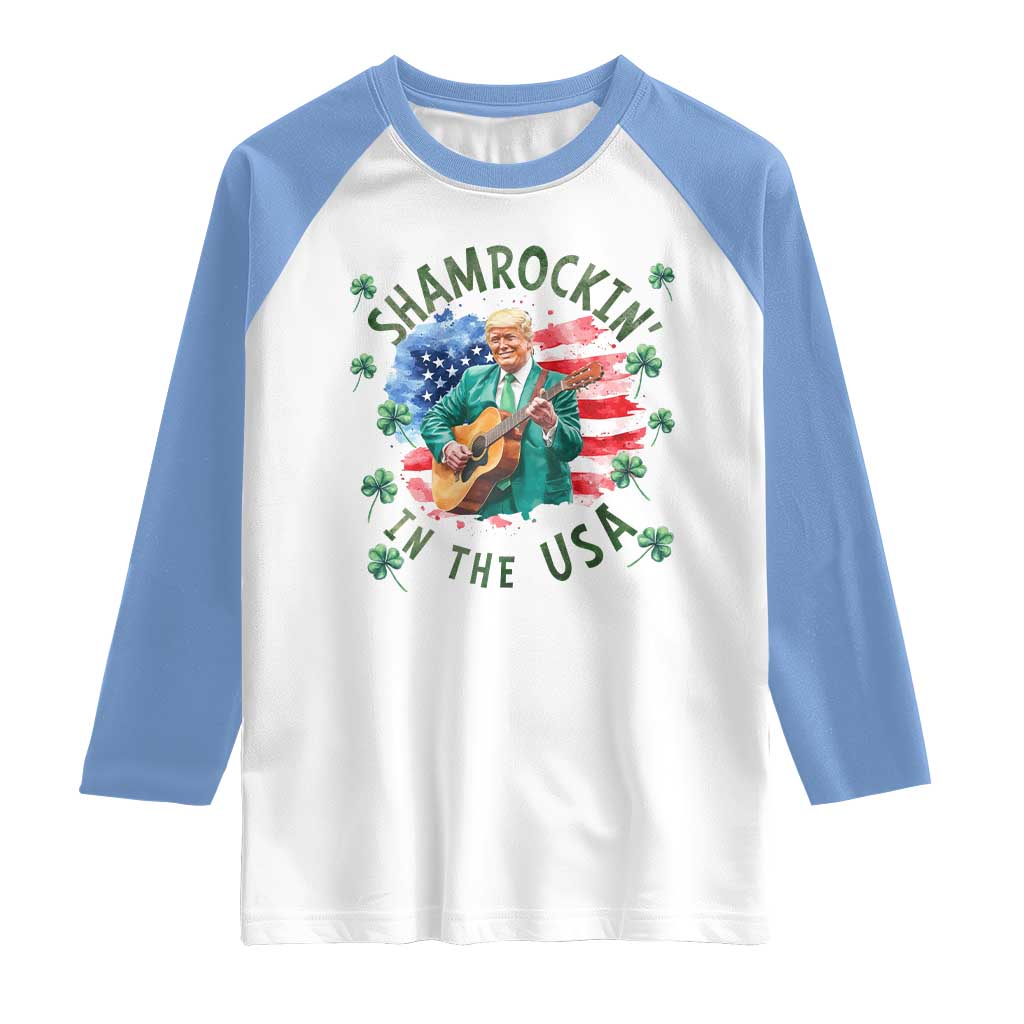 Funny St Patrick's Day Trump Raglan Shirt Shamrockin in The USA Funny TS02 White Carolina Blue Print Your Wear