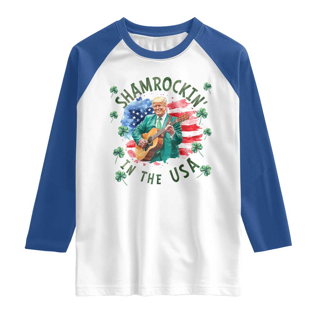 Funny St Patrick's Day Trump Raglan Shirt Shamrockin in The USA Funny TS02 White Royal Print Your Wear