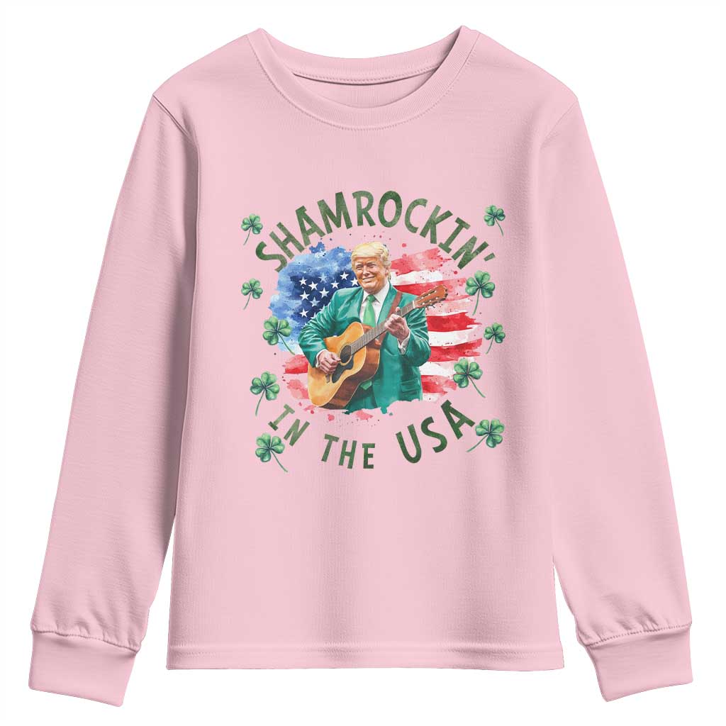 Funny St Patrick's Day Trump Youth Sweatshirt Shamrockin in The USA Funny TS02 Light Pink Print Your Wear