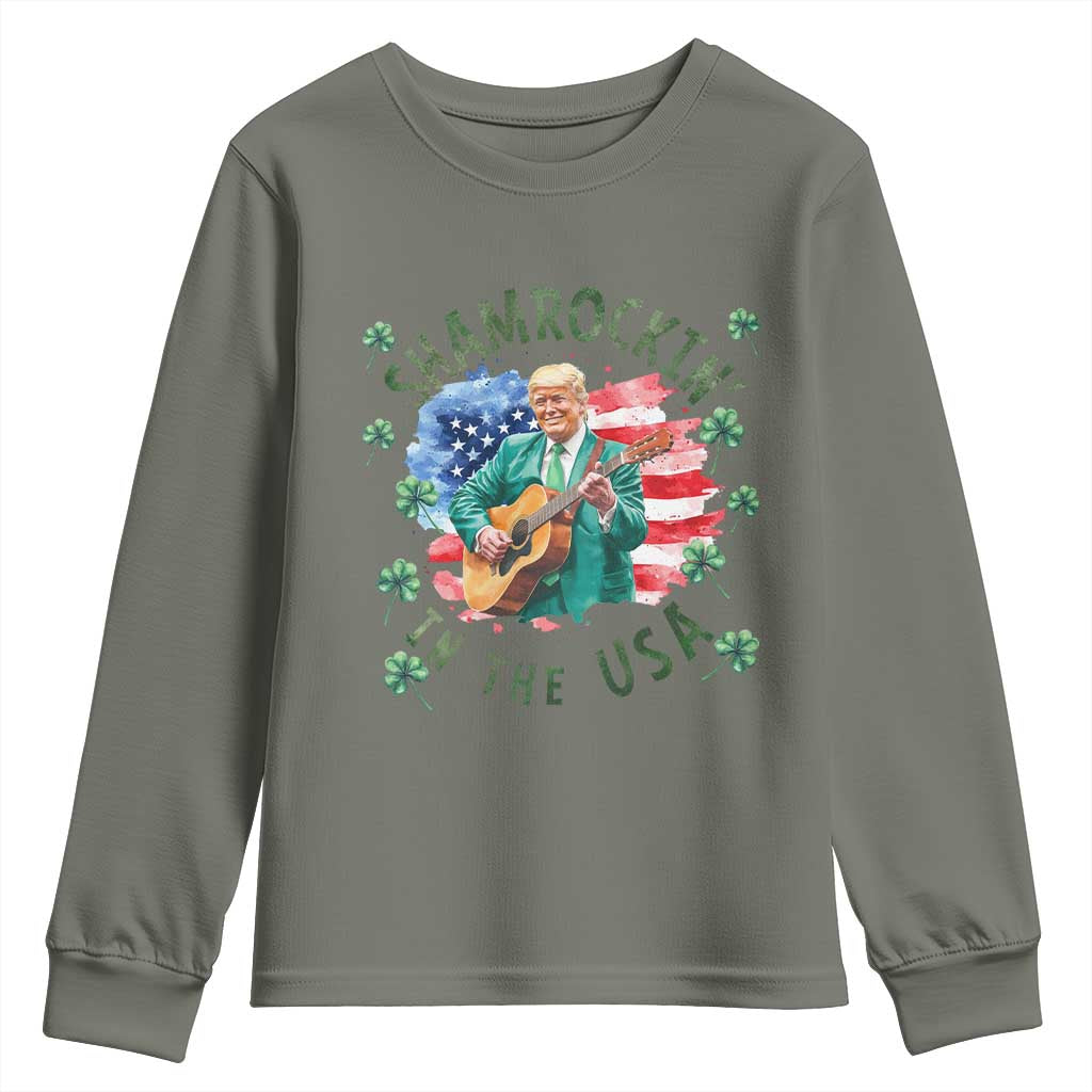Funny St Patrick's Day Trump Youth Sweatshirt Shamrockin in The USA Funny TS02 Military Green Print Your Wear