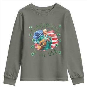 Funny St Patrick's Day Trump Youth Sweatshirt Shamrockin in The USA Funny TS02 Military Green Print Your Wear