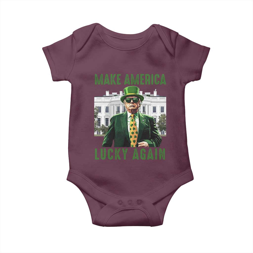 Funny St Patrick's Day Trump Baby Onesie Make America Lucky Again Shamrock TS02 Maroon Print Your Wear