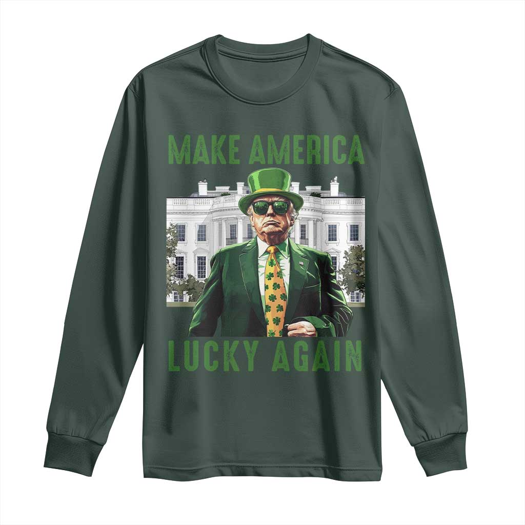 Funny St Patrick's Day Trump Long Sleeve Shirt Make America Lucky Again Shamrock TS02 Dark Forest Green Print Your Wear
