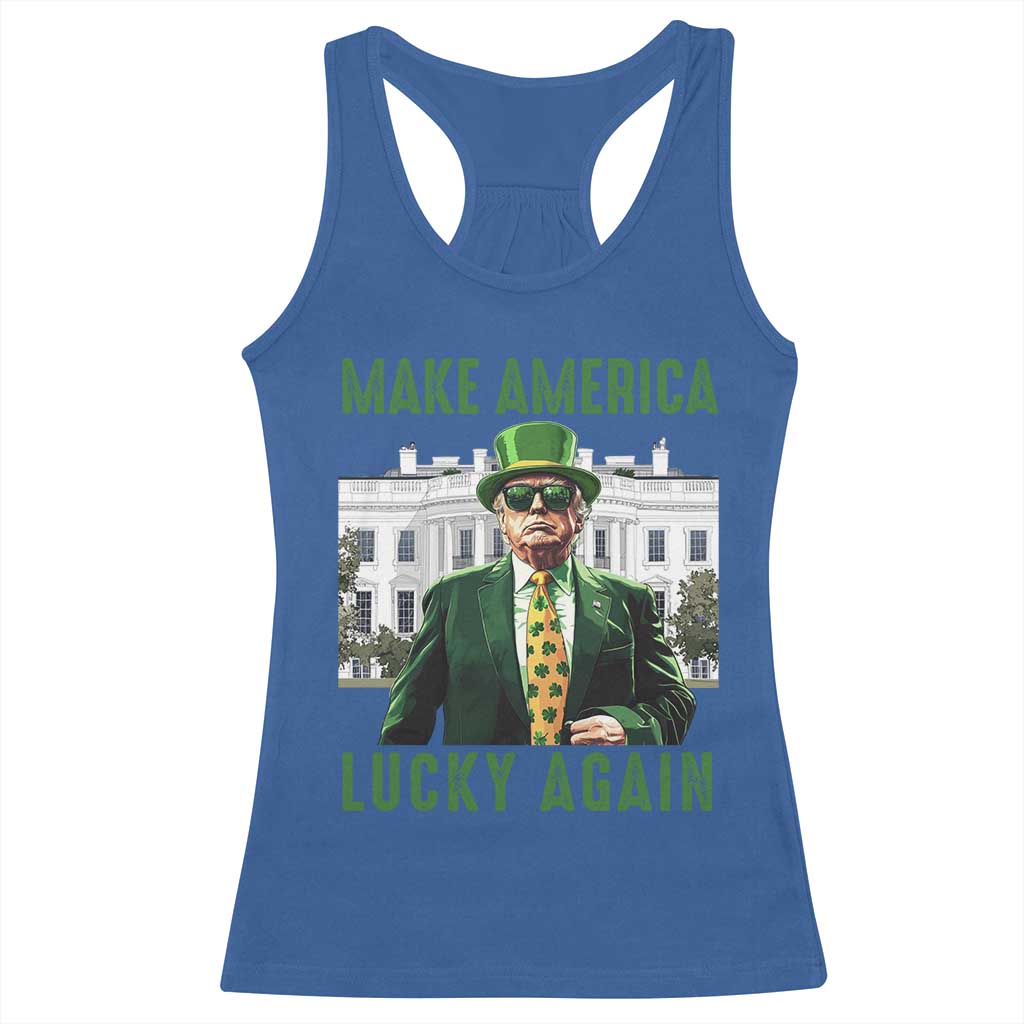 Funny St Patrick's Day Trump Racerback Tank Top Make America Lucky Again Shamrock TS02 Royal Blue Print Your Wear